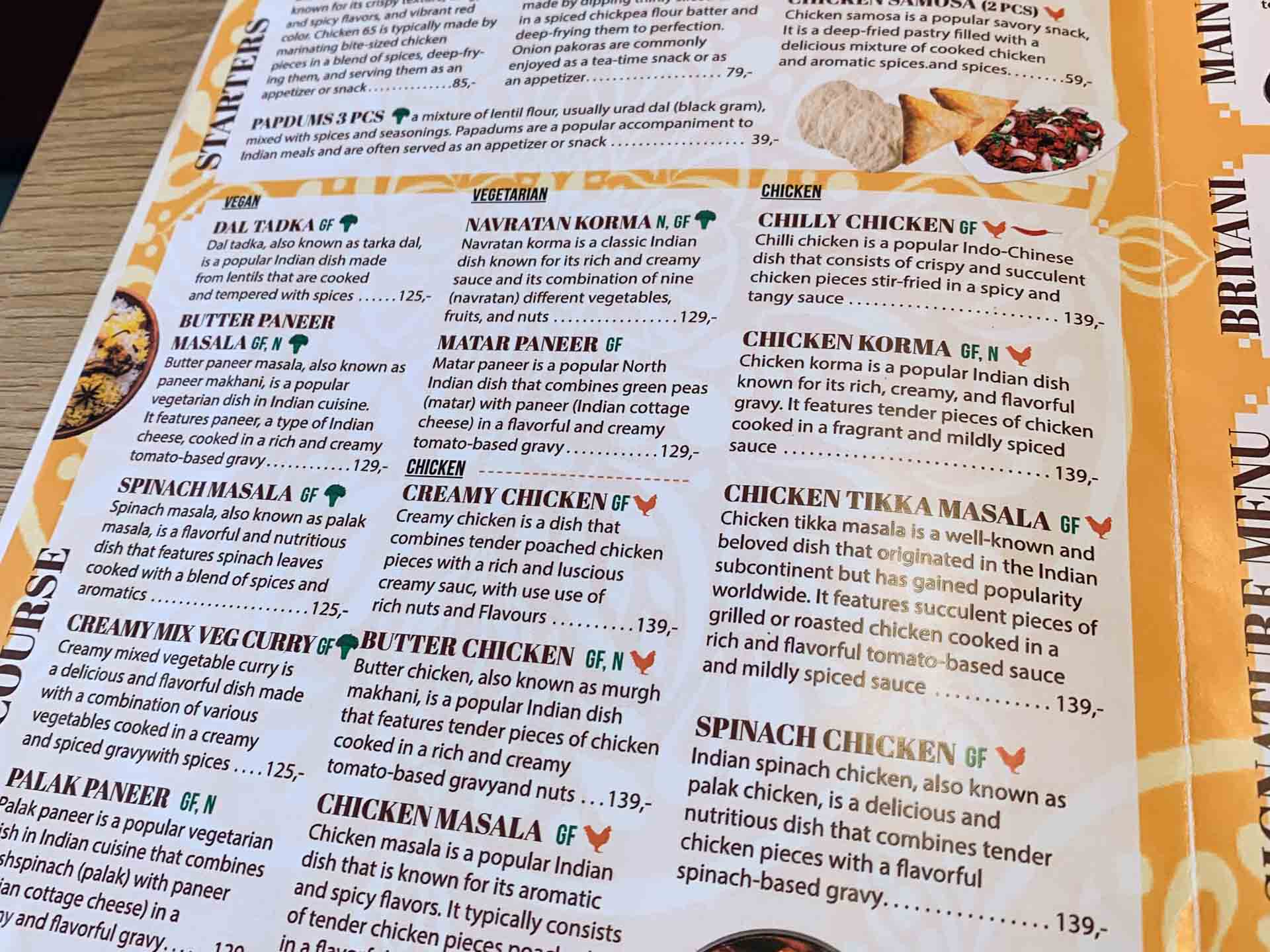 Menukortet hos Royal Indian Zaika i Frederiks Allé