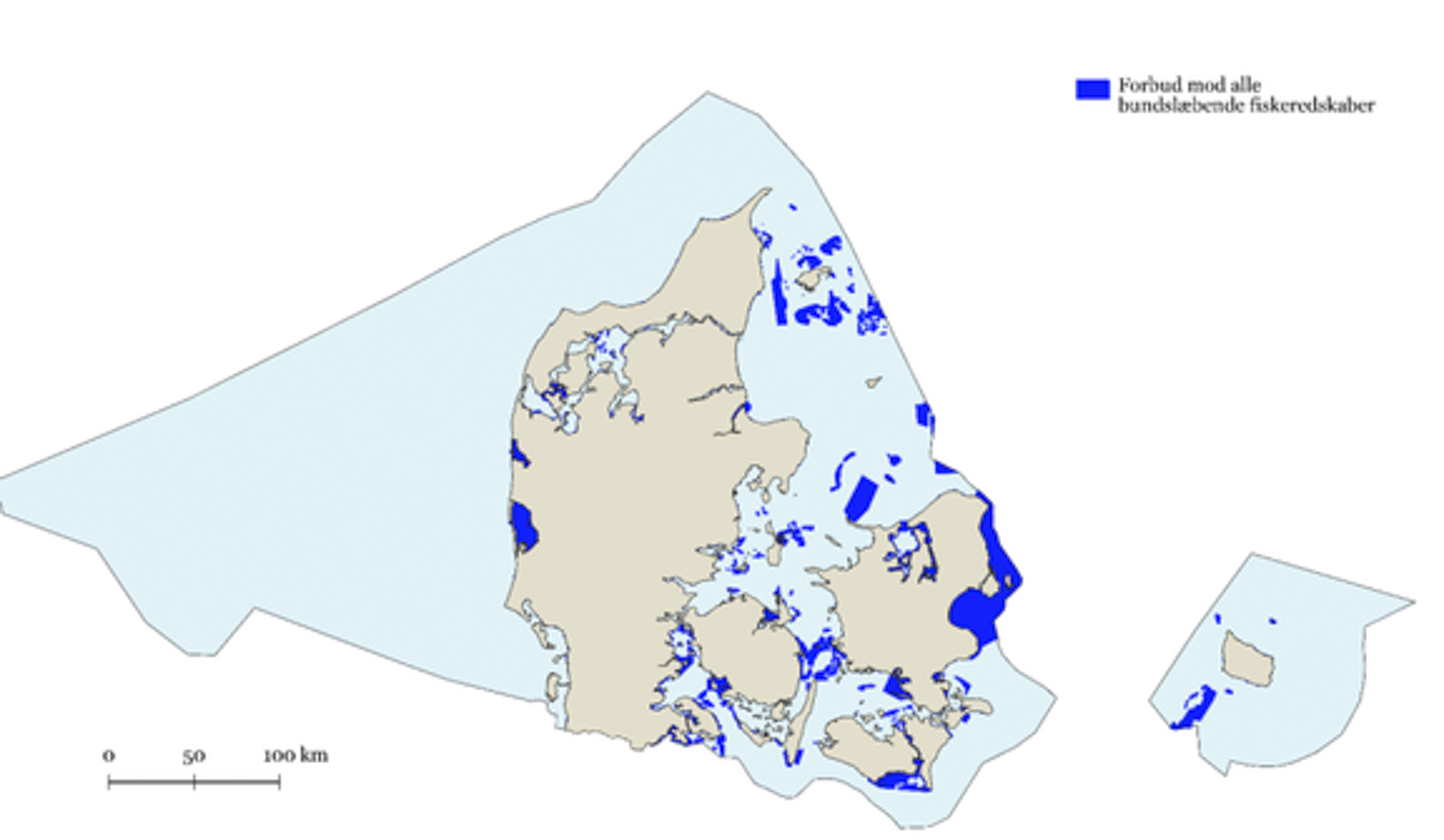 Oversigt over områder, hvor der er forbud mod alle fem typer af bundslæbende redskaber på samme sted (bomtrawl, bundtrawl (inkl. semipelagisk bundtrawl), skraber, snurrevod og skotsk vod). Områderne dækker 4,6 % af Danmarks samlede havareal. Kort udarbejdet af Tænketanken Hav, Danmarks Fiskeriforening Producent Organisation og Danmarks Naturfredningsforening.