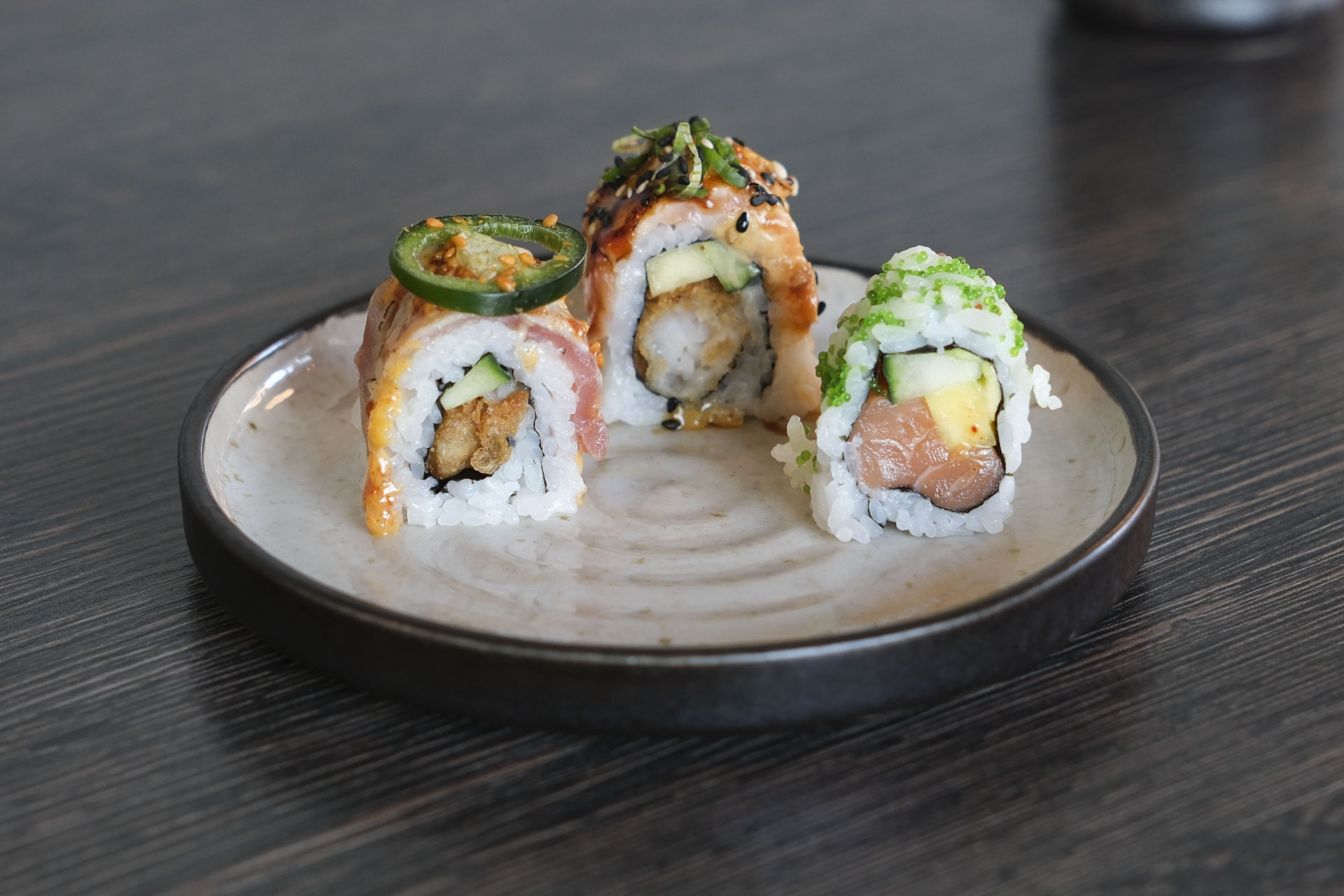 Mudrette stykker sushi hos A+ Siam Sushi på Aarhus Ø