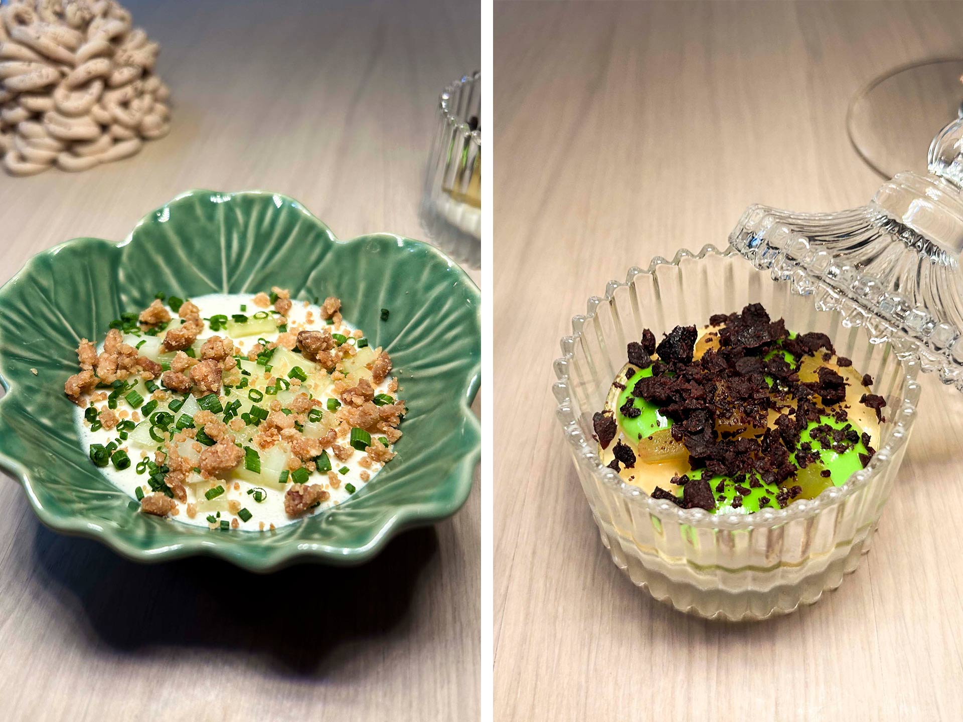 En harmonisk østerscreme og brandade på klipfisk med dehydreret nicoise oliven, dels ørred rørt med creme double og pikant cayenne samt grillet tun med tom khâ gai-suppe