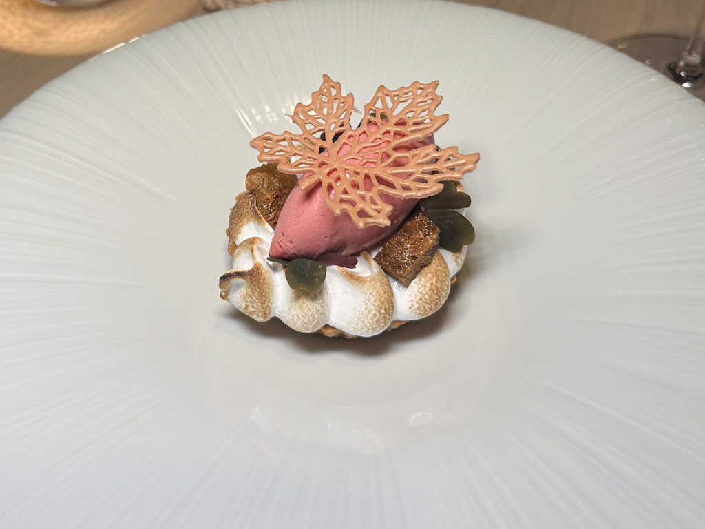 Den obligatoriske meringue var behageligt drøj og toppet med en cremet hindbærsorbet, fuld af intens smag af solmodne bær. Det var udsøgt håndværk over hele linjen og aldeles flot smagende.